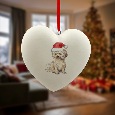 Havanese Fawn in Santa Hat Christmas Heart Bauble